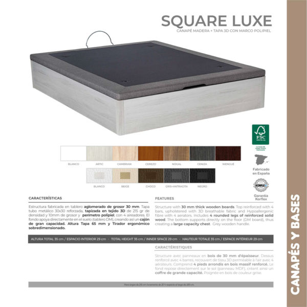 Canape de madera y tapa 3D Square Luxe Korflex Muebles Trimobel Caracteristicas tecnicas