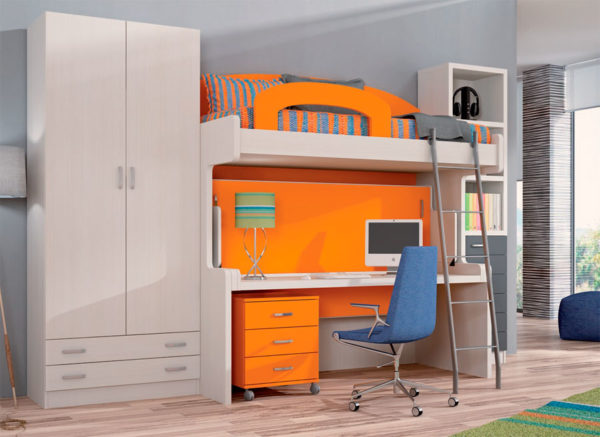 Habitacion Juvenil con Cama abatible y litera abatible Livemar Muebles Trimobel Comp-45 color naranja