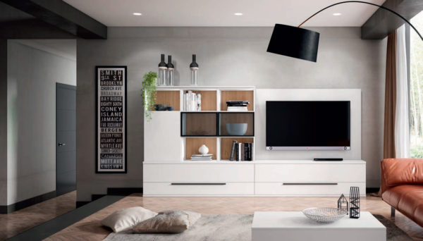 Mueble de Salón Moderno en color blanco con vitrina moderna y panel de TV Modelo 204 Cubika Bold Muebles Trimobel Getafe Madrid