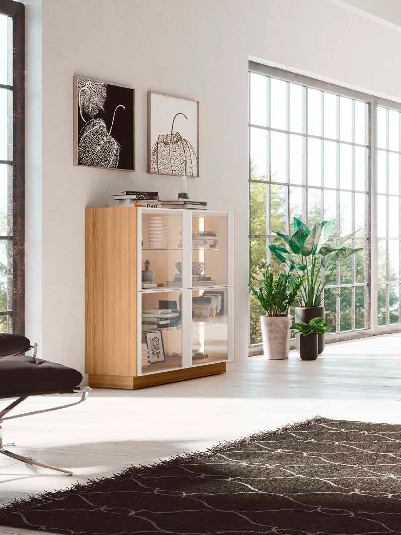 Vitrina moderna de la colección Fresh con puertas de cristal e iluminación interior en acabado madera y blanco - Muebles Trimobel Getafe