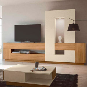 Mueble de salón moderno Fresh Nº46 de 315 cm en madera y tonos claros con hueco decorativo iluminado - Trimobel Getafe