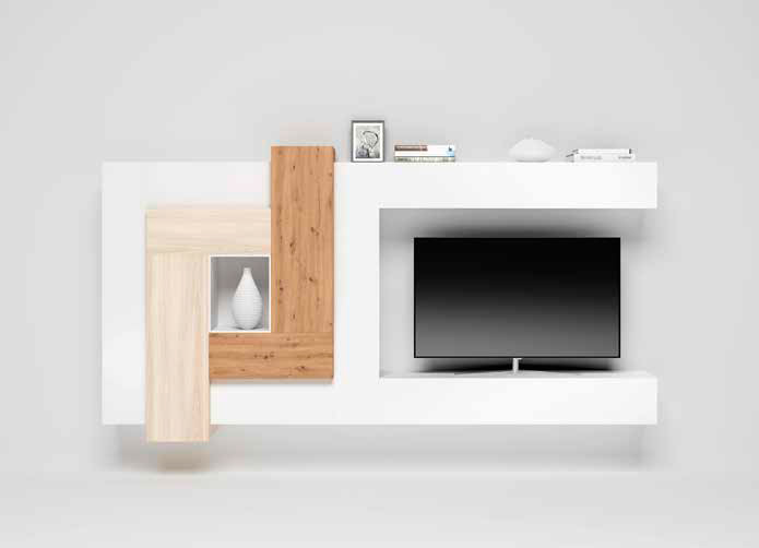 Salón moderno Fresh Nº47 de 332,5 cm en blanco y madera con composición geométrica - Muebles Trimobel Getafe