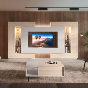 Salón moderno Fresh Nº50 de 367,5 cm con vitrinas laterales, estantes de cristal y acabado blanco y madera - Muebles Trimobel Getafe