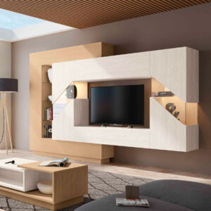 Salón moderno Fresh Nº51 de 315 cm con vitrinas oblicuas, espacio para televisión y acabados en madera clara - Muebles Trimobel Getafe