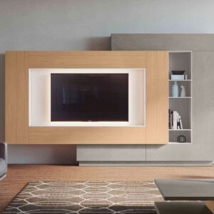 Mueble de salón moderno Fresh Nº52 de 297,5 cm con panel para televisión, estantería lateral y acabados en madera y gris - Muebles Trimobel Getafe
