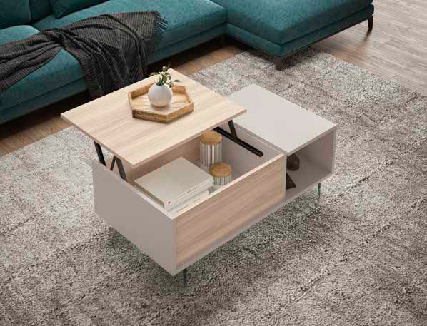 mesa auxiliar del Salón moderno Fresh Nº50 de 367,5 cm con vitrinas laterales, estantes de cristal y acabado blanco y madera - Muebles Trimobel Getafe