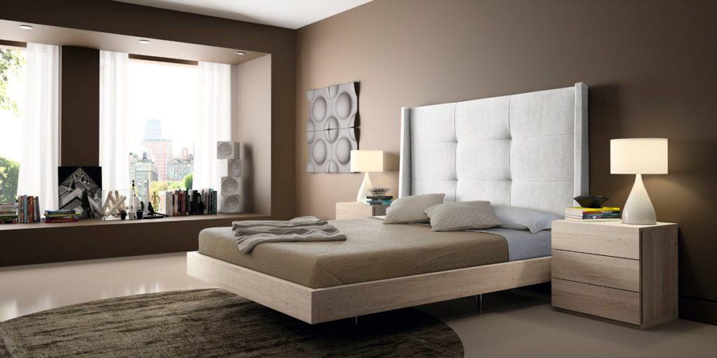 Dormitorio minimalista con cabecero tapizado Trimobel