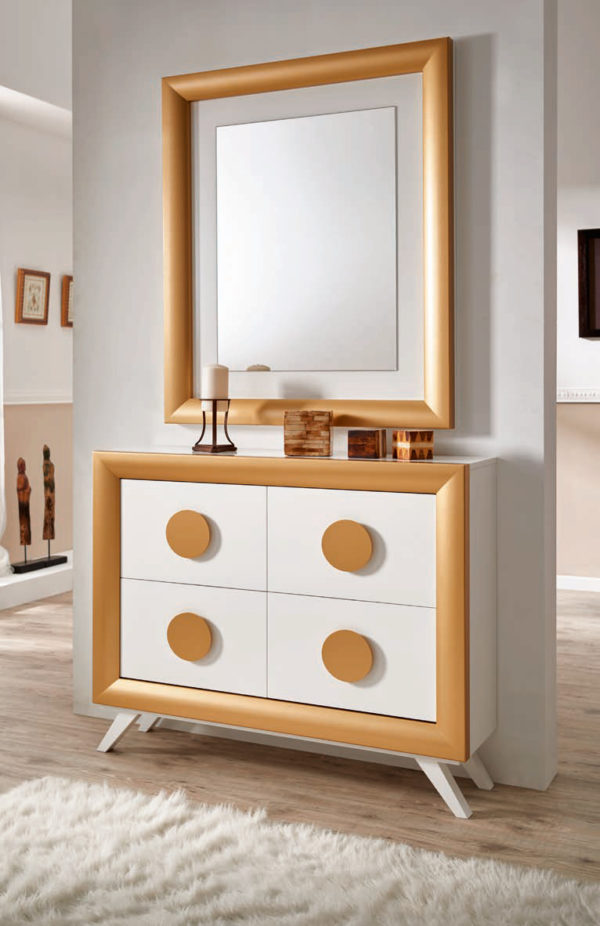Recibidor con espejo estilo moderno en color blanco y oro Muebles Trimobel Getafe