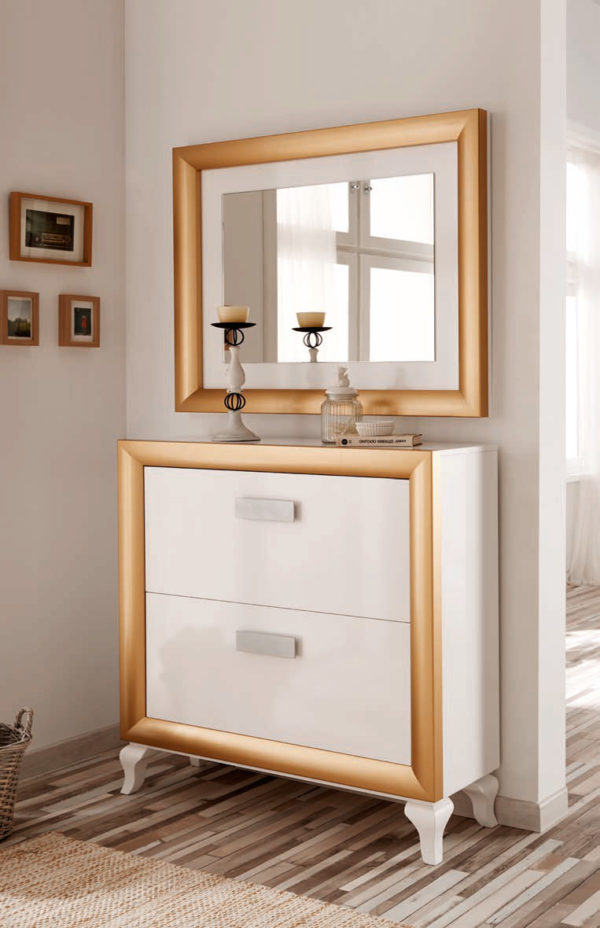 Recibidor zapatero con espejo en color blanco y oro. Muebles Trimobel Getafe