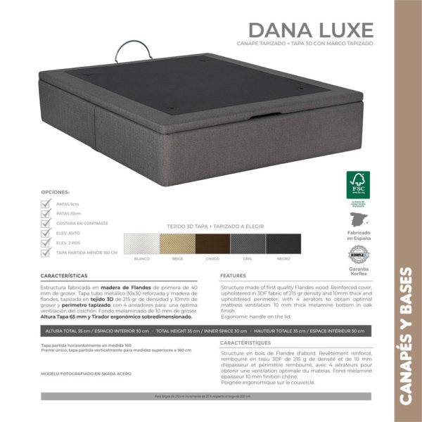 Canape de madera y tapa 3D Dana Luxe Korflex Muebles Trimobel Caracteristicas tecnicas