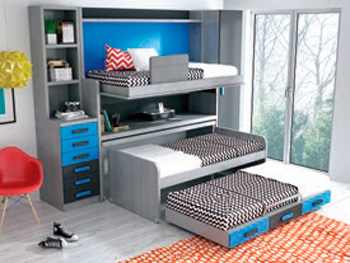 Habitación con tres camas abatibles, literas y cama nido. Muebles Trimobel Getafe Madrid Composición 55